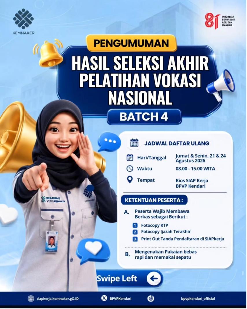 📢 PENGUMUMAN HASIL SELEKSI AKHIR Pelatihan Vokasi Nasional Batch 4